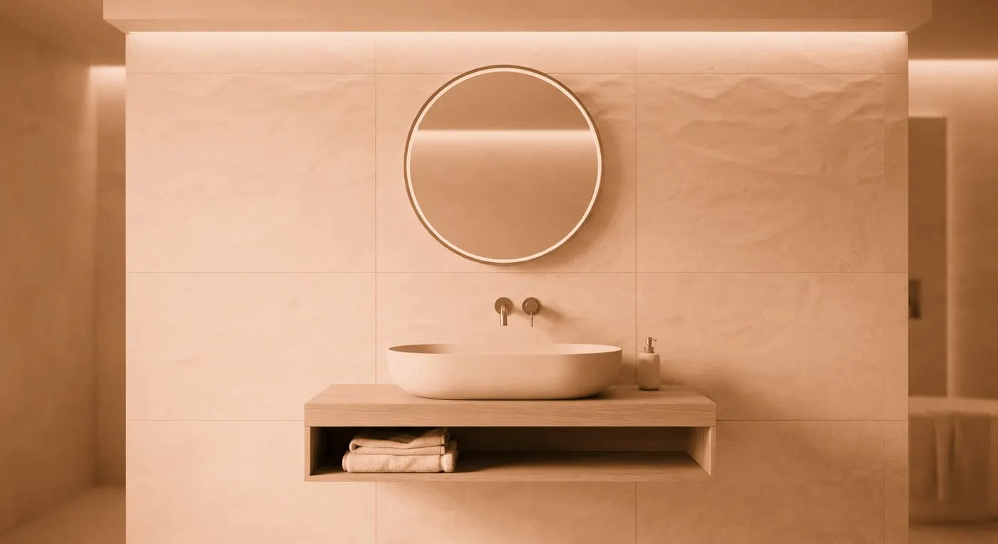 Kitchen wall clad in Arcilla porcelain in terracotta tone