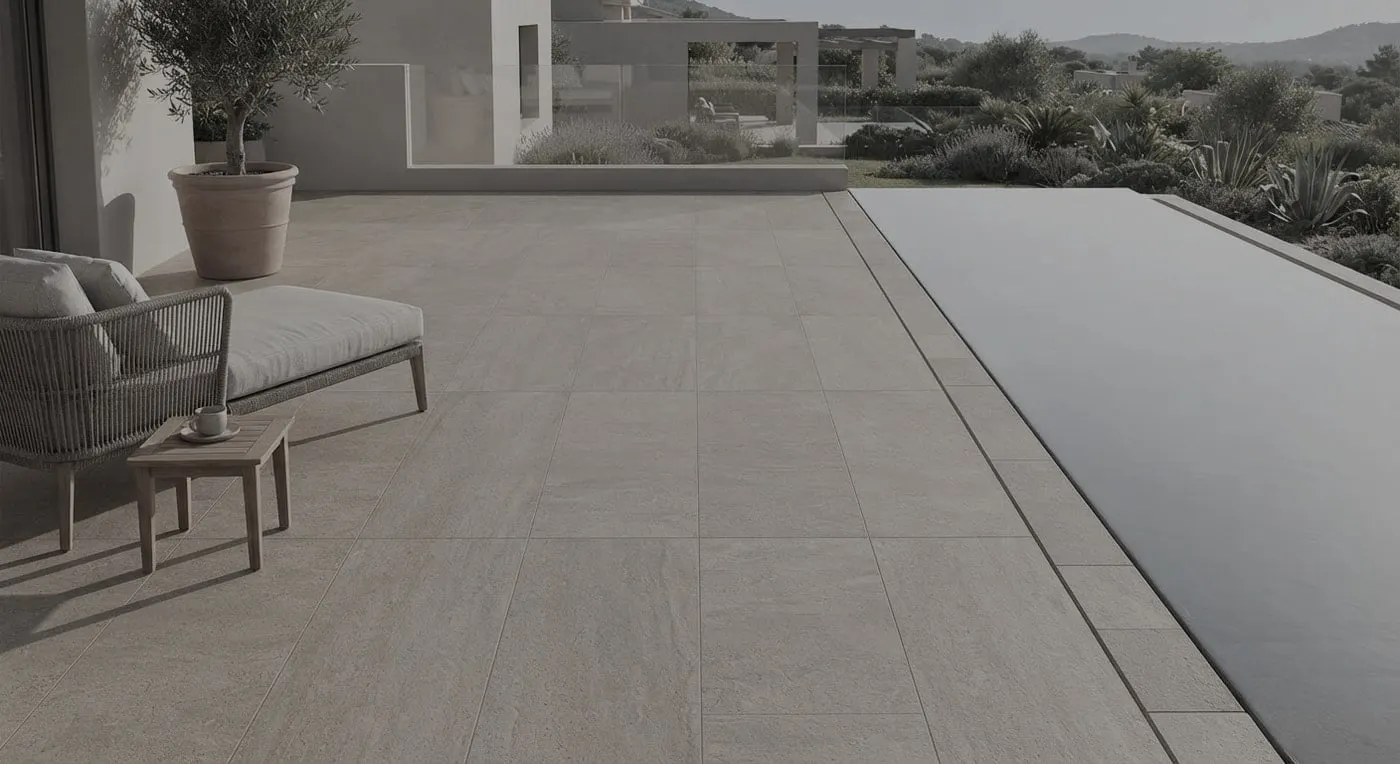 Terrace paved with 20 mm Basalto Gris beside the pool