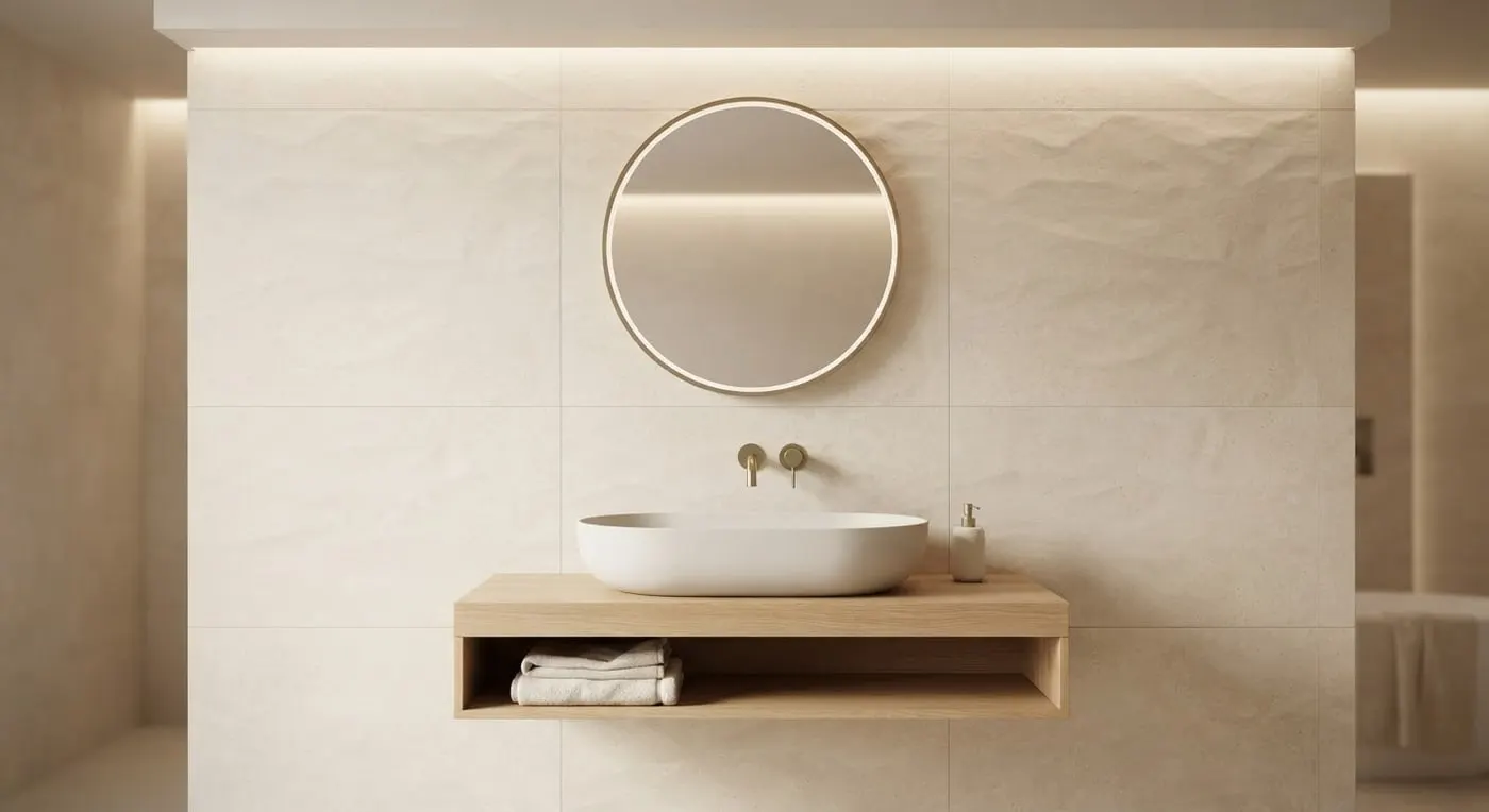 Caliza room at Galería Duna with Caldera Ivory slab wall and wall-hung basin