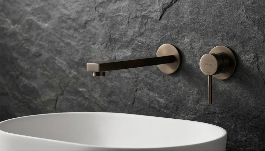Linea wall-mounted mixer in brushed bronze on dark wall