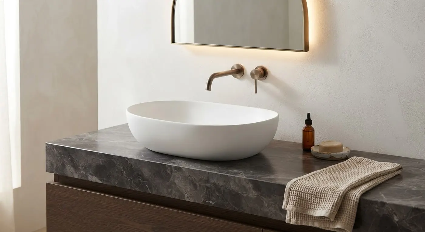 Satin white Ovalis washbasin on black slab vanity with bronze tap