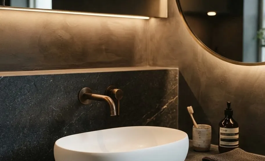 Round backlit mirror above an Ovalis washbasin