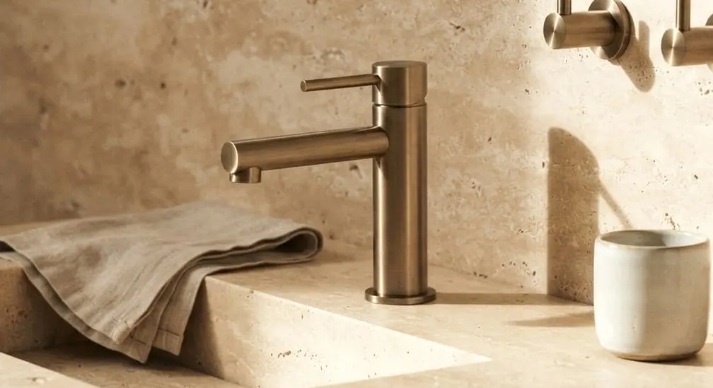 Piedra bath set in ivory on travertine worktop