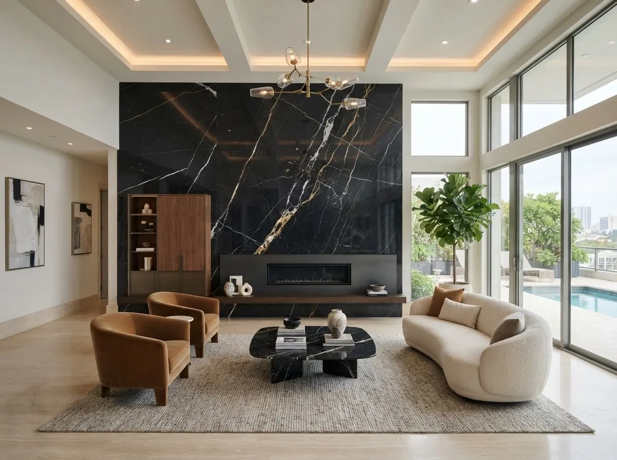 Salón de Casa Olivar con chimenea de placa Nero Vein en bookmatch