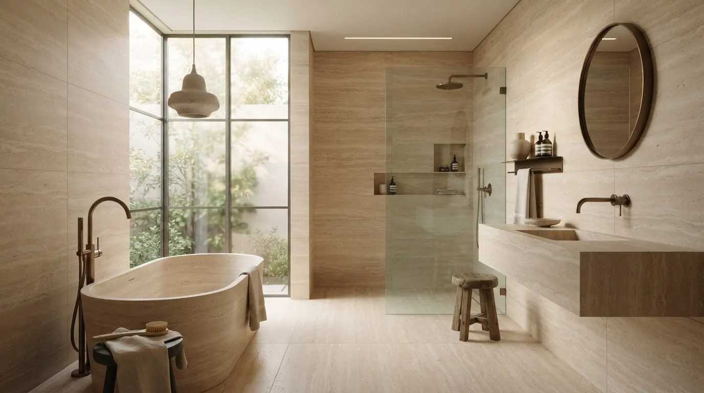 Baño de habitación del Hotel Sal Marina revestido con placa Caldera Ivory