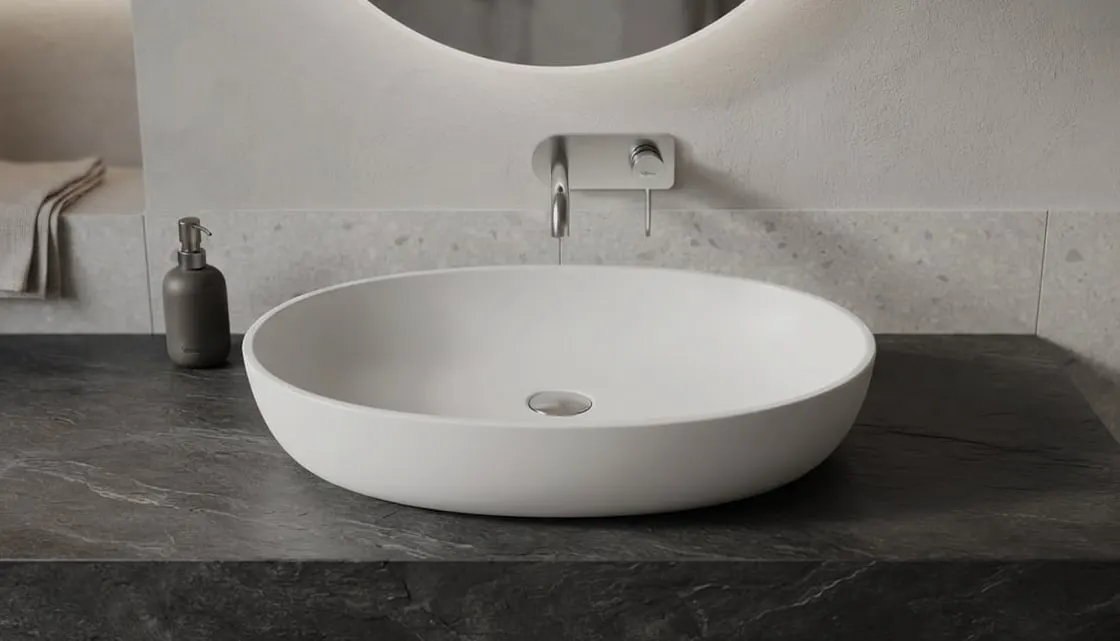 Quadra washbasin in stone grey on dark vanity