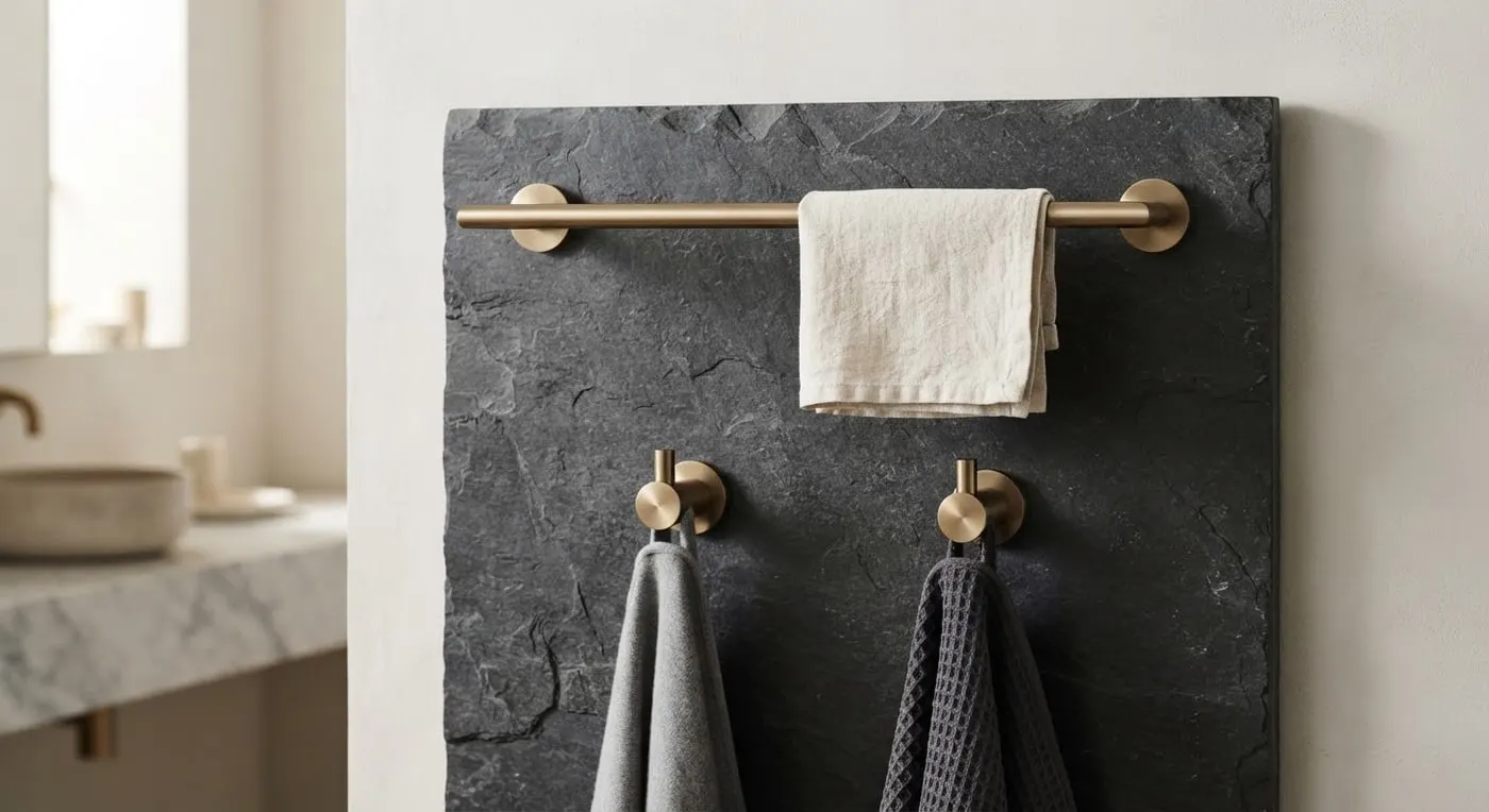 Linea towel rail and hooks in brushed bronze on dark stone wall