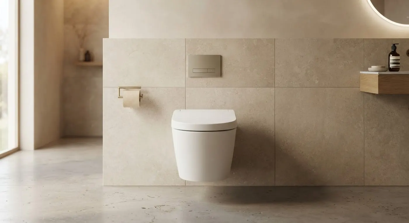 White Forma wall-hung toilet on pale porcelain wall